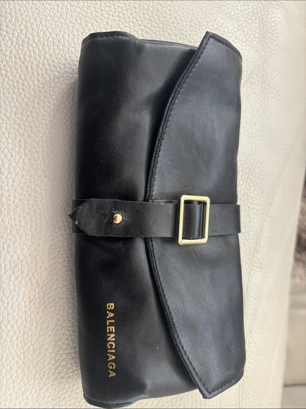 Balenciaga faux Black Leather Roll Pouch with Gold Buckle Accent